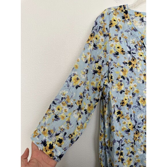J Jill Love Linen Floral Tunic Top Button Down Blue 3/4 Sleeve Women's Large - Picture 4 of 9